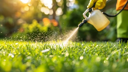 Worker applying pest control solution on vibrant green lawn for effective pest management strategy