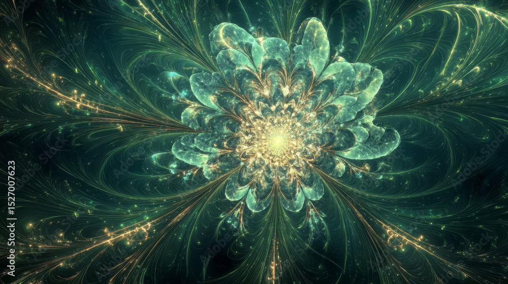Poster an abstract green background featuring a fractal starburst explosion with glossy accents and sharp, 