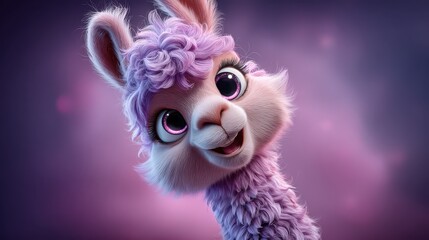 Fototapeta premium Close-up of cartoon alpaca with purple curly hair smiling brightly