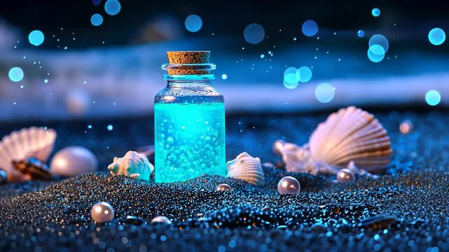 Glowing blue potion bottle among seashells and pearls with magical sparkles