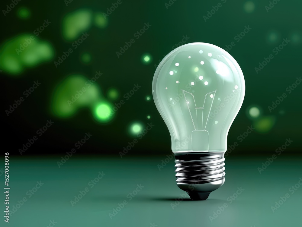 Poster glowing lightbulb on green background, symbolizing innovation and creative thinking for business sol