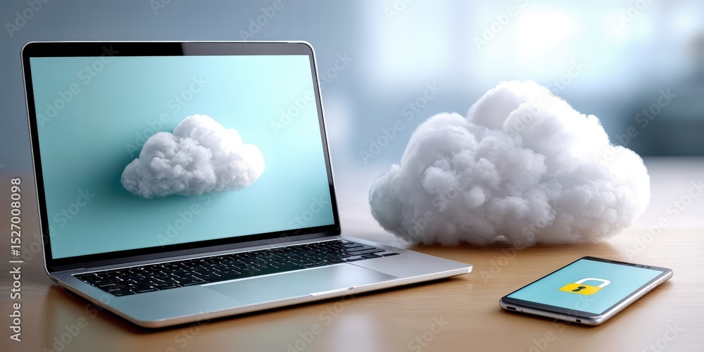 Aufkleber Laptop Displaying Cloud Computing Concept Next to a Secure Smartphone, Illustrating Modern Technology and Data Protection Solutions for Business : Generative AI