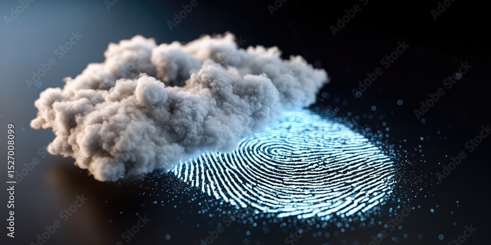 Poster Cloud Computing Security Concept With Fingerprint and Cloud, Representing Data Protection and Digital Transformation in Modern Technology : Generative AI