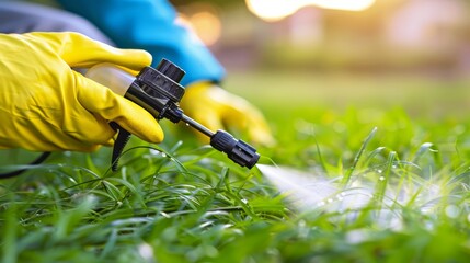 Worker applying pest control solution on vibrant green lawn for efficient pest management