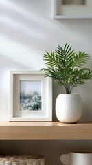 Modern Home Decor Featuring a Plant and Framed Art on a Shelf, Showcasing Interior Design and Minimalist Lifestyle : Generative AI
