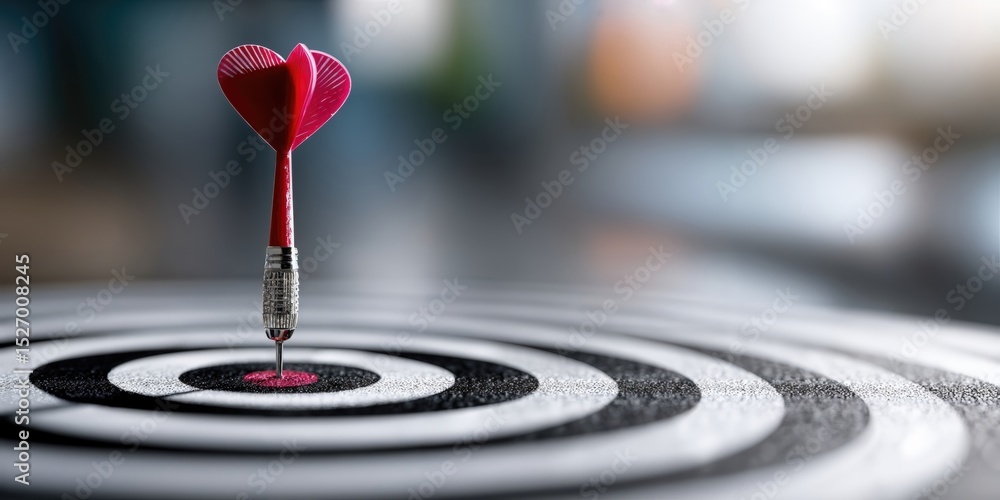 Poster red dart hitting center of target, symbolizing precision, business strategy, and achieving goals thr