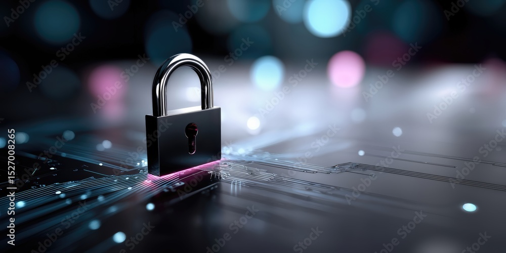 Poster Padlock on Circuit Board With Bokeh Lights, Representing Cybersecurity and Data Protection for Digital Transformation Initiatives : Generative AI