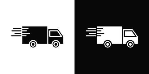 Fast shipping delivery truck icon in flat version on black and white background
