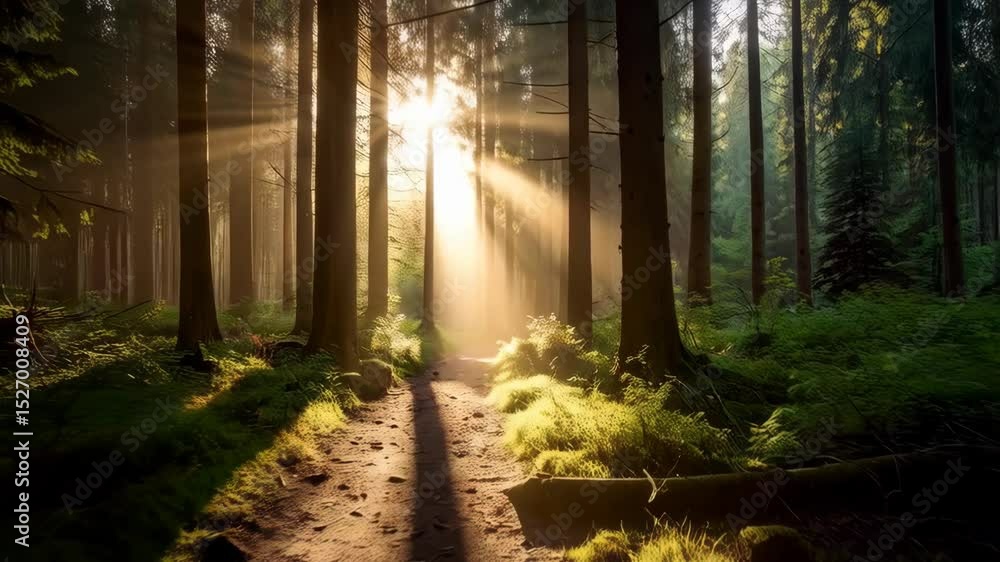 Poster sunlight streams through tall trees in a dense forest, illuminating a dirt path covered with shadows