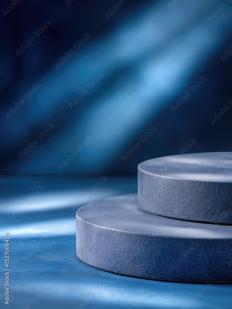 Poster two round concrete platforms on blue gradient background, ideal for product display and minimalist m