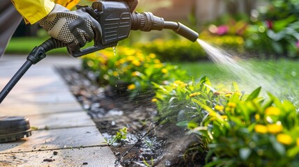 Naklejka premium Worker applying pest control solution on vibrant green lawn for efficient pest management