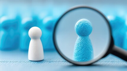 Magnifying Glass Focusing on Blue Pawn, Representing Talent Acquisition, Recruitment and Human Resources : Generative AI