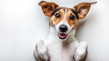 Happy Jack Russell Terrier Smiling Upside Down on White Background, Representing Animal Companionship and Pet Adoption : Generative AI