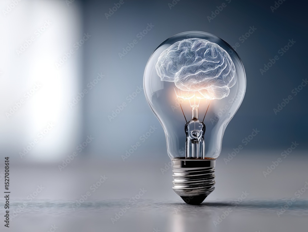 Poster Lightbulb With Brain Inside Symbolizing Innovation and Artificial Intelligence, Representing Creativity and Intellectual Property : Generative AI