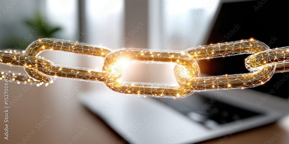 Aufkleber Glowing Chain Link on Laptop Computer, Symbolizing Blockchain Technology and Digital Security Solutions, Representing Connectivity and Innovation : Generative AI