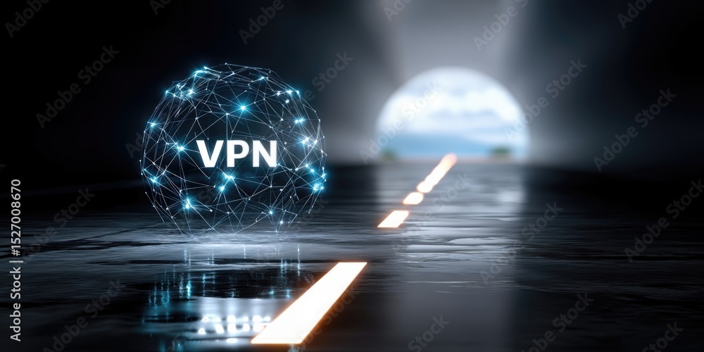 Poster glowing vpn sphere on wet road leading to bright tunnel, illustrating data security and network prot