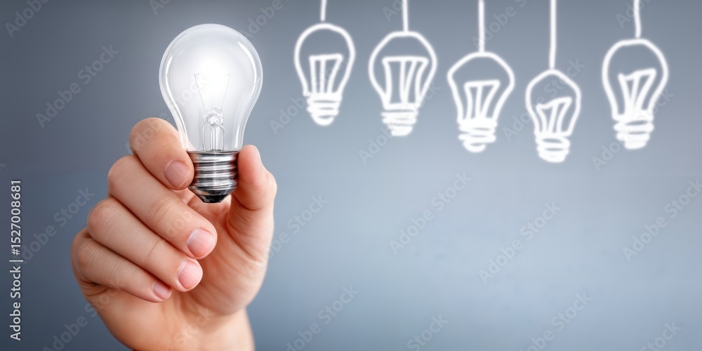 Poster Hand Holding a Lit Lightbulb With Drawn Bulbs Behind, Symbolizing Innovation and Creative Problem Solving for Business Development and Brainstorming : Generative AI