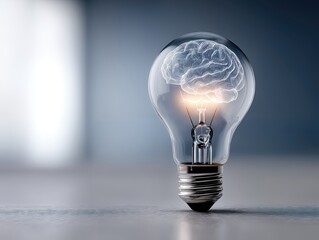Lightbulb With Brain Inside Symbolizing Innovation and Artificial Intelligence, Representing Creativity and Intellectual Property : Generative AI