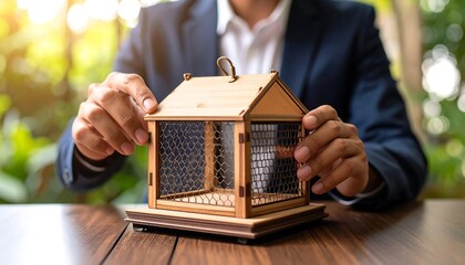 Businessperson holding a small wooden house cage model
