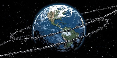 Naklejka premium Barbed Wire Encircling Earth in Outer Space, Representing Global Security Concerns and International Relations, Suitable for News and Political Commentary : Generative AI