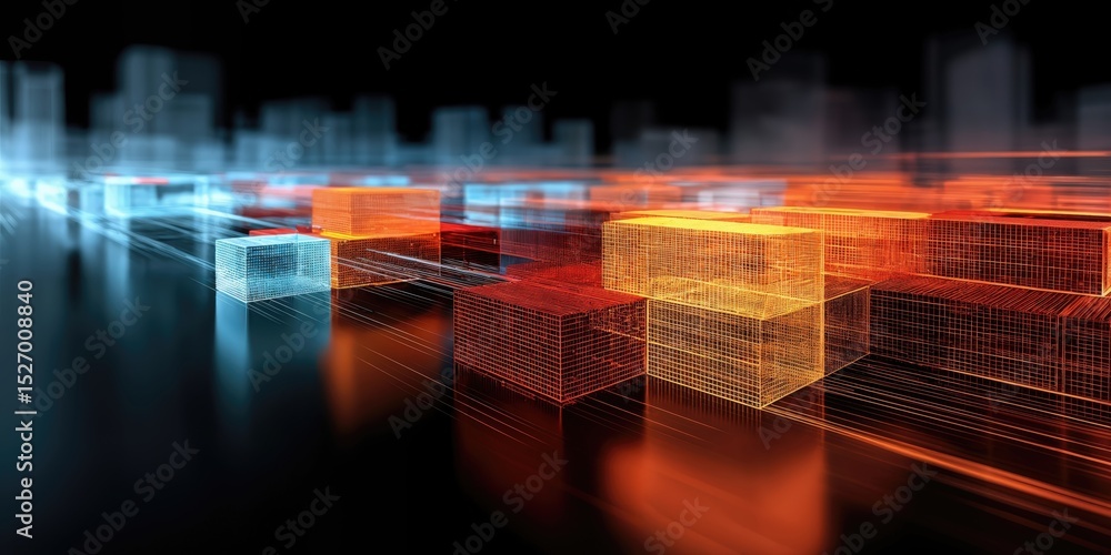 Leinwandbilder Abstract Cityscape of Glowing Wireframe Cubes, Representing Data Flow and Digital Transformation, Perfect for Technology and Innovation Concepts : Generative AI