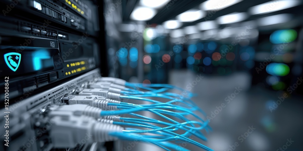 Poster Data Center Server Racks With Blue Cables, Showcasing Network Infrastructure and Technological Advancement for Digital Transformation Initiatives : Generative AI