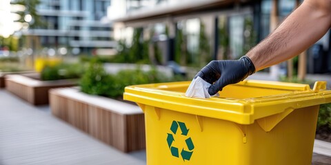 Gloved Hand Discarding Tissue Into Yellow Recycle Bin, Promoting Environmental Responsibility and Sustainable Waste Management Practices : Generative AI