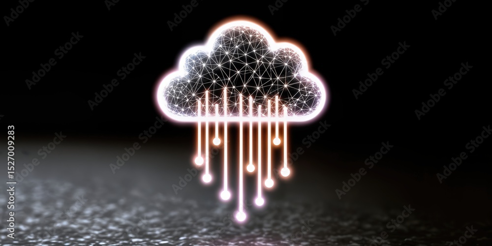 Poster Glowing Cloud Computing Icon With Network Connections, Symbolizing Digital Transformation and Technology Solutions for Business : Generative AI