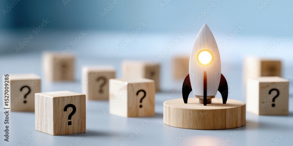 Aufkleber Rocket Standing Tall Amidst Question Blocks, Symbolizing Innovation and Problem Solving for Business Development and Strategic Planning : Generative AI