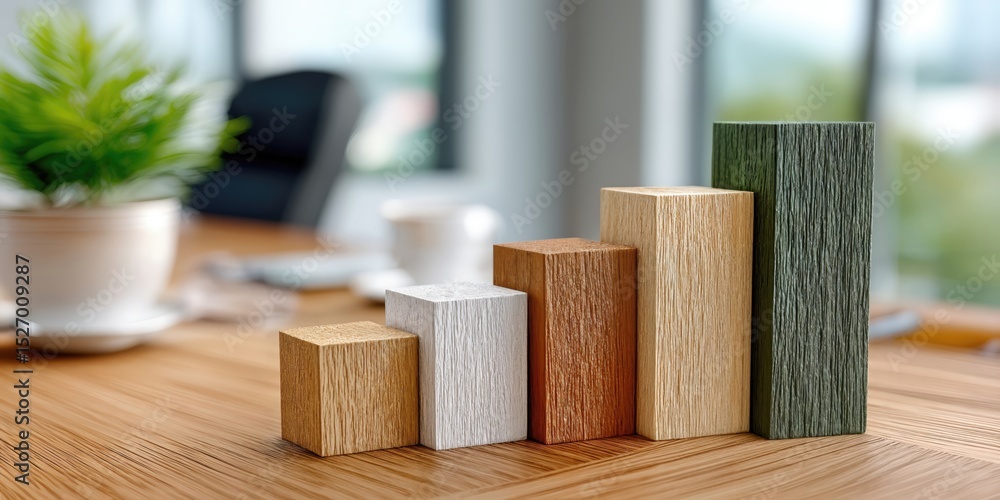 Poster wooden block graph on desk in bright office, illustrating business growth and financial planning, su