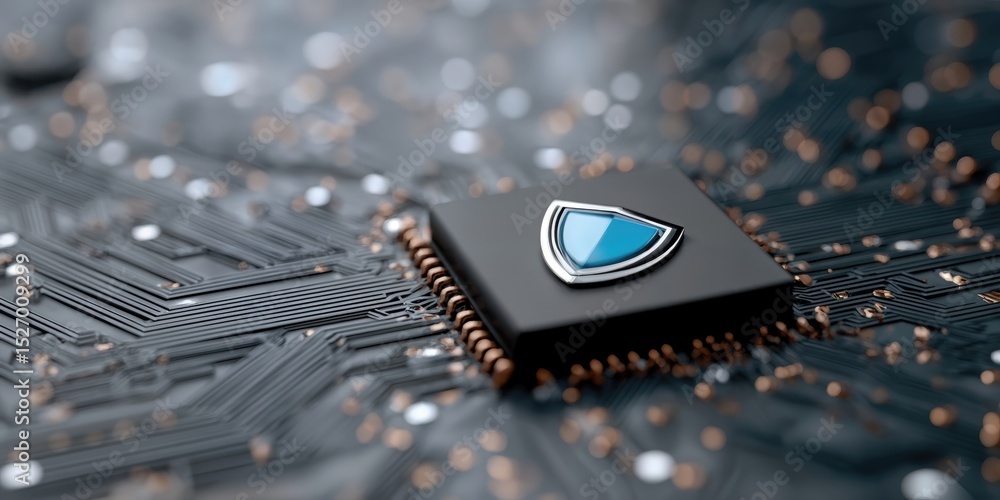 Poster Microchip with Blue Shield Emblem on Circuit Board, Representing Cybersecurity Solutions and Data Protection Technology for Business : Generative AI