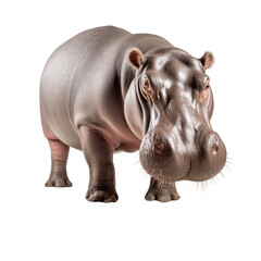A large, grey hippopotamus with a big mouth. The elephant is standing on a white background. The elephant has a very serious expression on its face