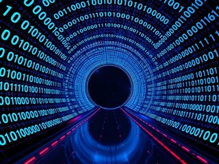 Futuristic digital tunnel of glowing binary code and flowing data streams, representing the complexity and immensity of the virtual and cyber world
