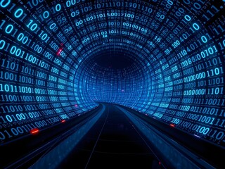 Futuristic digital tunnel of glowing binary code and flowing data streams, representing the complexity and immensity of the virtual and cyber world