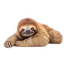 A brown and white sloth is laying on its back with its head up
