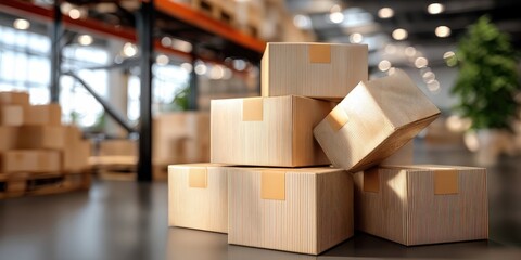 Stack of Cardboard Boxes in Warehouse Aisle, Representing Logistics and Supply Chain Management for E-Commerce Businesses and Retail Delivery Services : Generative AI