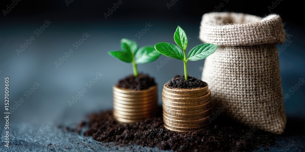 Poster seedling growing from stack of coins with hessian sack, symbolizing financial growth and investment 