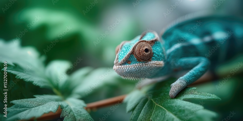 Poster turquoise chameleon resting on green leaf in macro view, representing wildlife conservation and biod