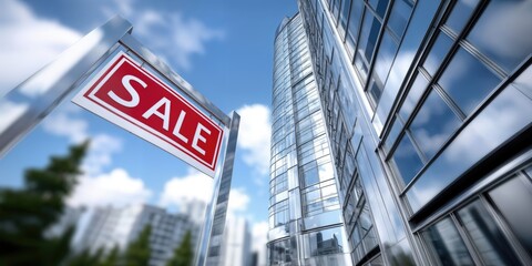 Sale Sign in Front of Modern Glass Skyscraper, Representing Real Estate Opportunities and Investment Potential in Urban Development : Generative AI