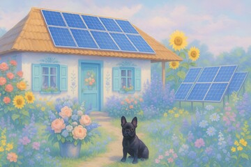 Sustainable Rural Home with Solar Power and Abundant Flower Garden (AI Generated)