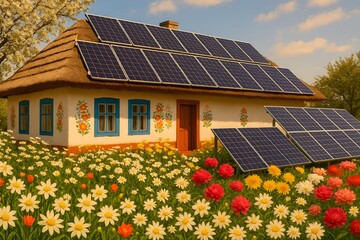 Sustainable Rural Home with Solar Power and Abundant Flower Garden (AI Generated)