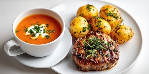 Gourmet Meal Featuring Tomato Soup, Potatoes, and Pork Chop, Representing Comfort Food and Healthy Eating Habits for Culinary Promotion : Generative AI