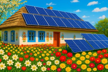Sustainable Rural Home with Solar Power and Abundant Flower Garden (AI Generated)