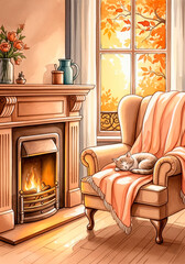 Fototapeta premium Cozy Autumn Living Room: Sleeping Cat on Armchair by Fireplace with Warm Blanket, Sunny Window, and Fall Leaves in Watercolor