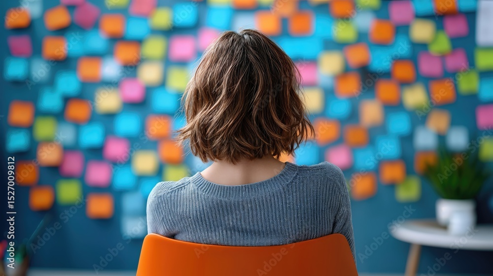 Poster woman facing sticky notes on wall, representing planning and brainstorming for business strategy and
