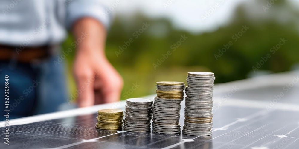 Poster stacks of coins on solar panel with man in background, symbolizing green investment and sustainable 