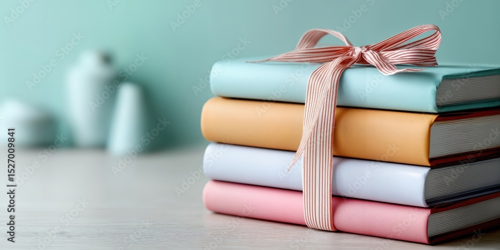 Poster stack of pastel books tied with ribbon, representing academic achievement and educational resources 