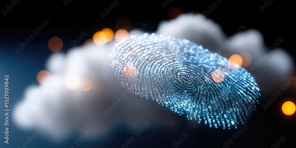 Fototapete Glowing Fingerprint Over Cloud, Symbolizing Digital Security and Biometric Authentication for Technology Solutions : Generative AI
