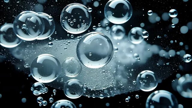 Floating water bubbles in a high-speed macro shot representing purity and the beauty of surface tension. 