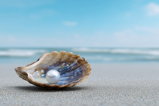 Clam with a large beautiful pearl inside on a beach
